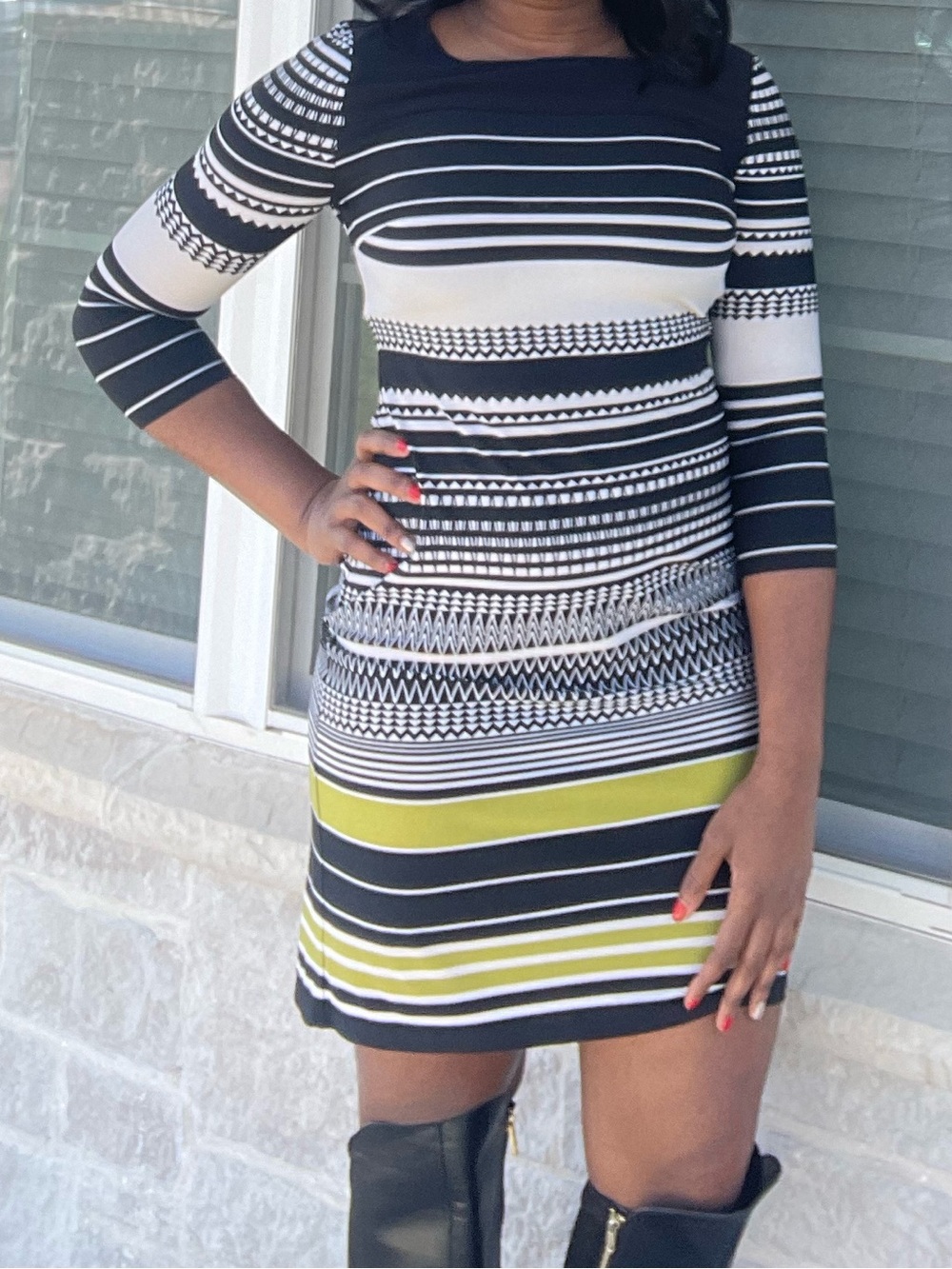 Marks and Spencer Yellow and Black Geometric/Abstract Midi Dress 3/4 sleeves